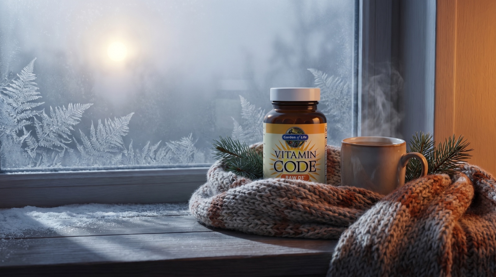 Vitamin Code RAW D3 Garden of Life на зимнем подоконнике с шарфом и кружкой чая