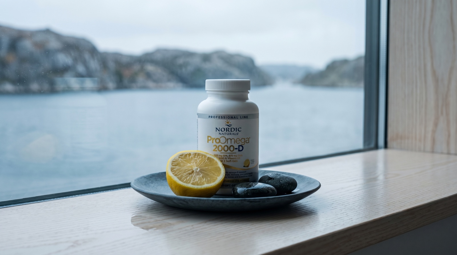 ProOmega 2000-D Nordic Naturals на подоконнике с видом на фьорд