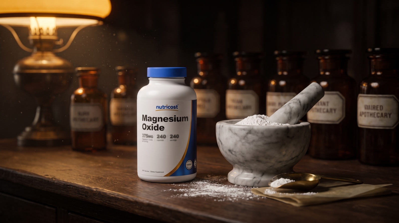 Оксид магния Nutricost в старой аптеке, мраморная ступка с порошком