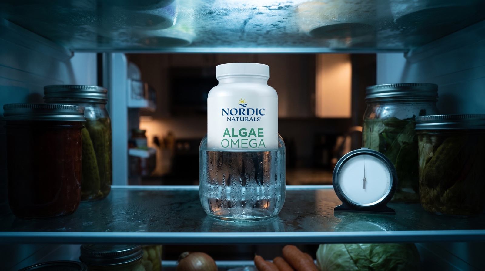 Algae Omega Nordic Naturals на стеклянной полке холодильника рядом с термометром