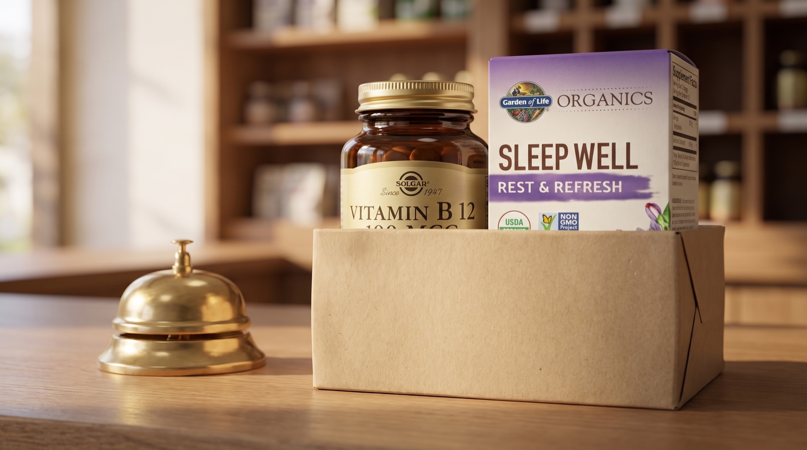 Витамин B12 Solgar и Sleep Well Garden of Life в коробке на стойке выдачи со звонком