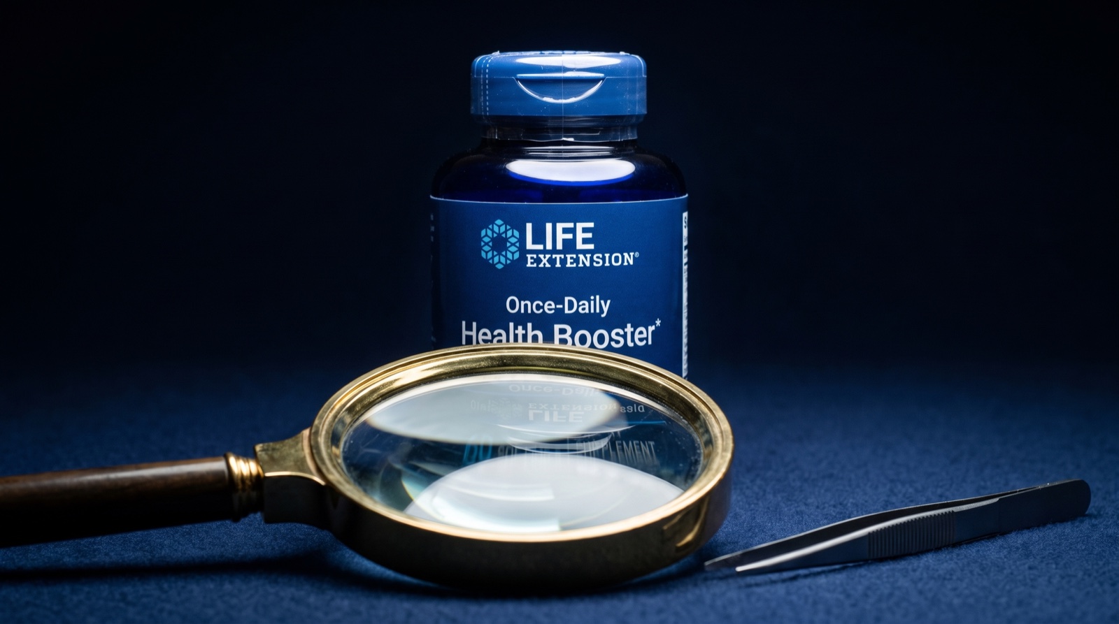 Банка Life Extension под увеличительным стеклом на тёмно-синем сукне