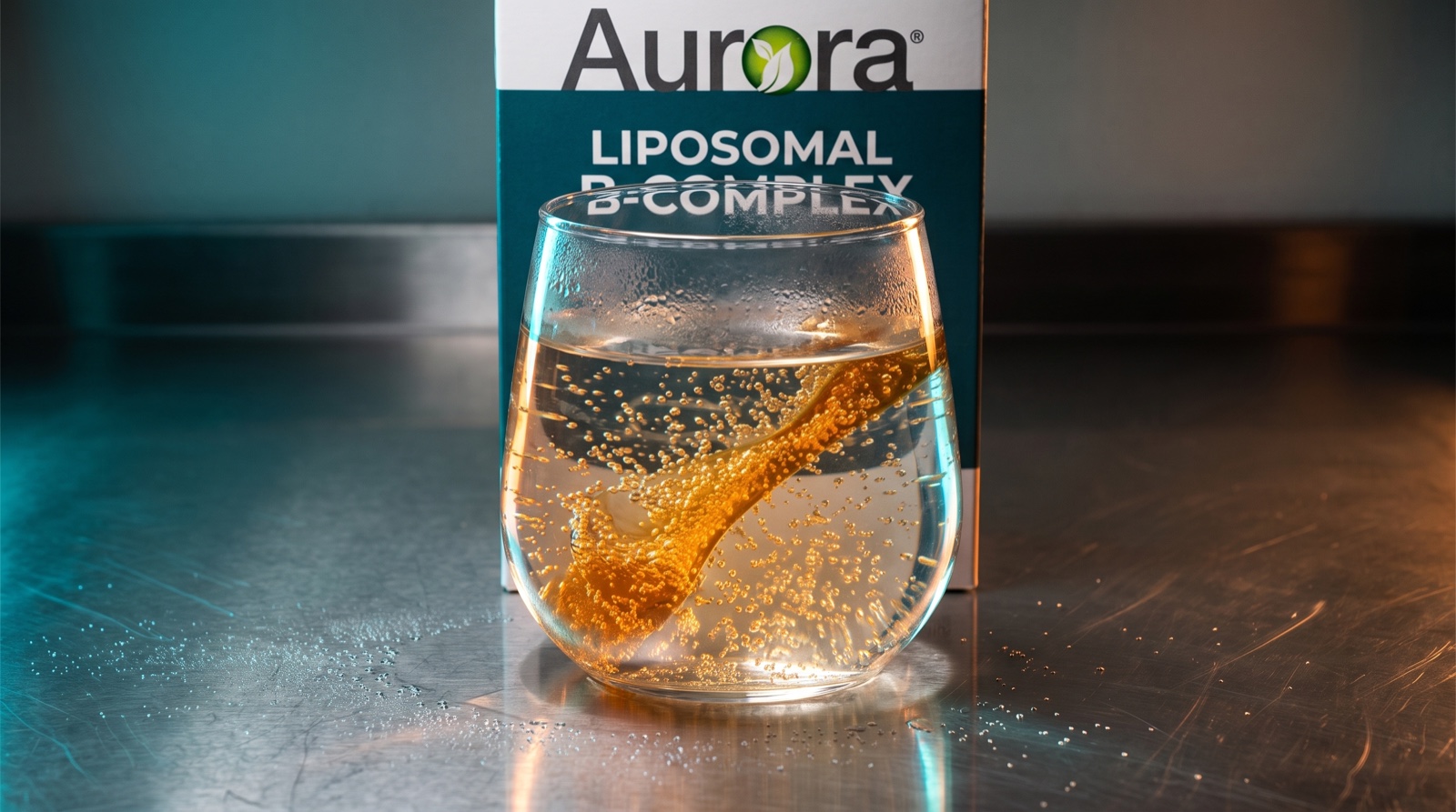 Липосомальный B-комплекс Aurora Nutrascience и стакан воды с золотой липосомальной эмульсией