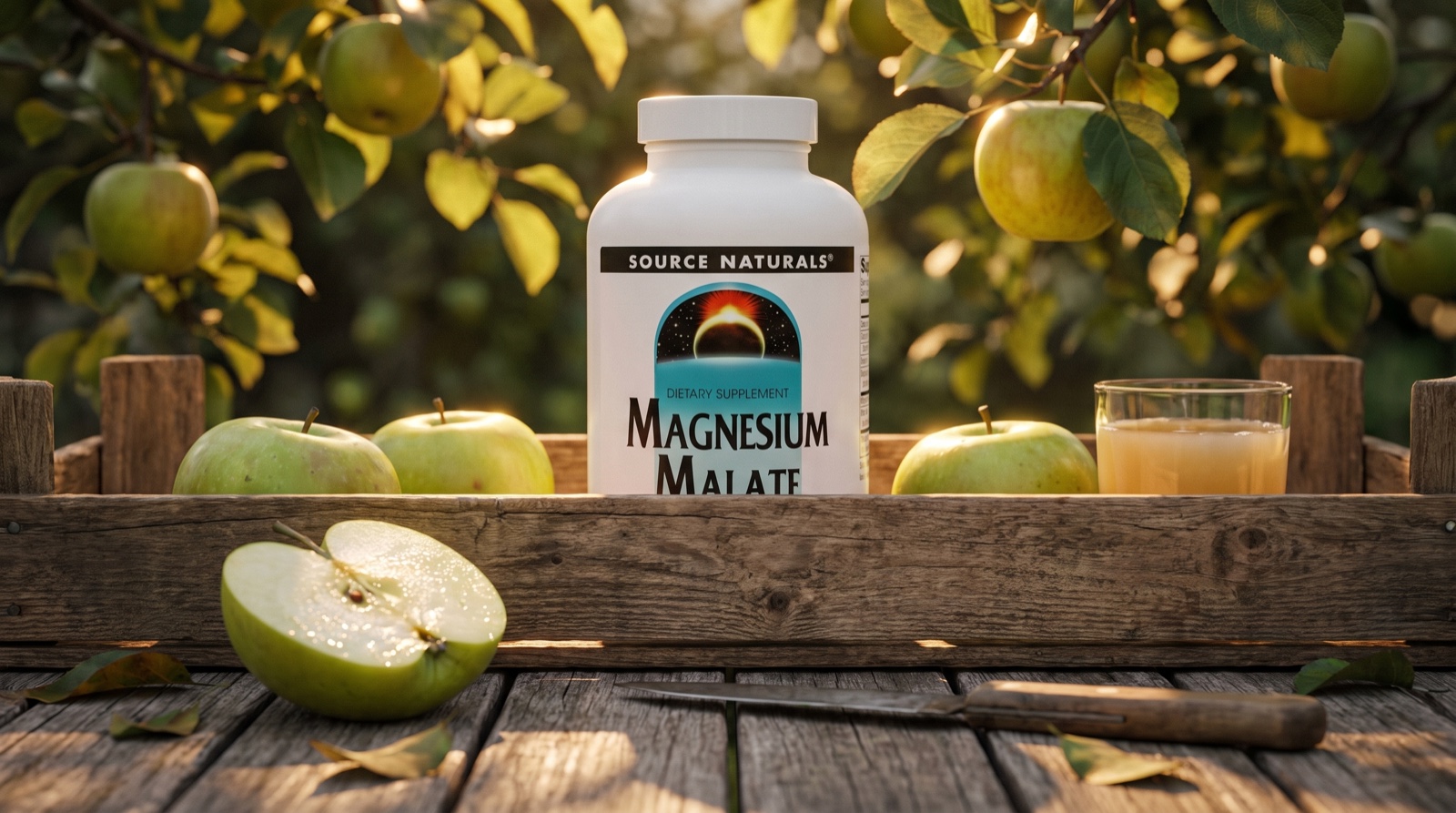Малат магния Source Naturals на дощатом столе под яблоней в закатном свете