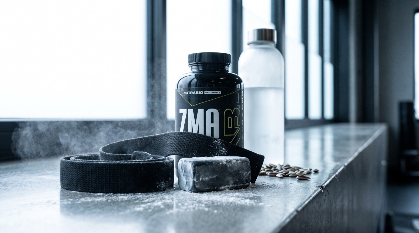 ZMA с цинком, магнием и витамином B6 NutraBio на бетонной стойке в зале