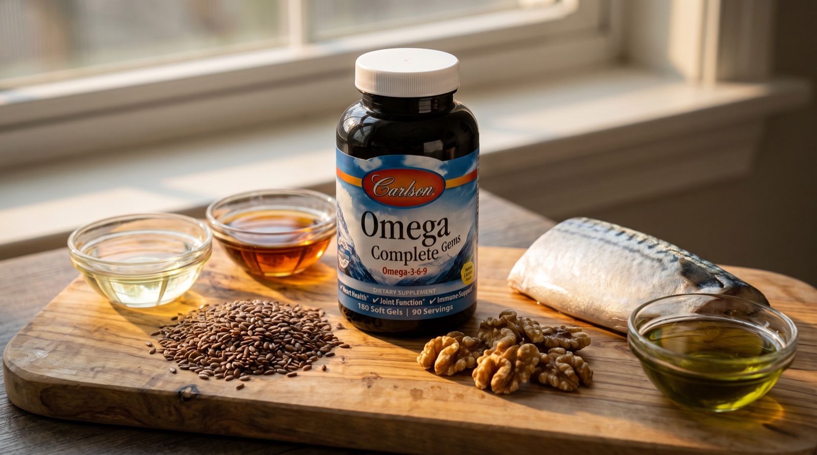 Omega-3-6-9 Carlson на оливковой доске рядом с семенами льна, грецкими орехами и скумбрией