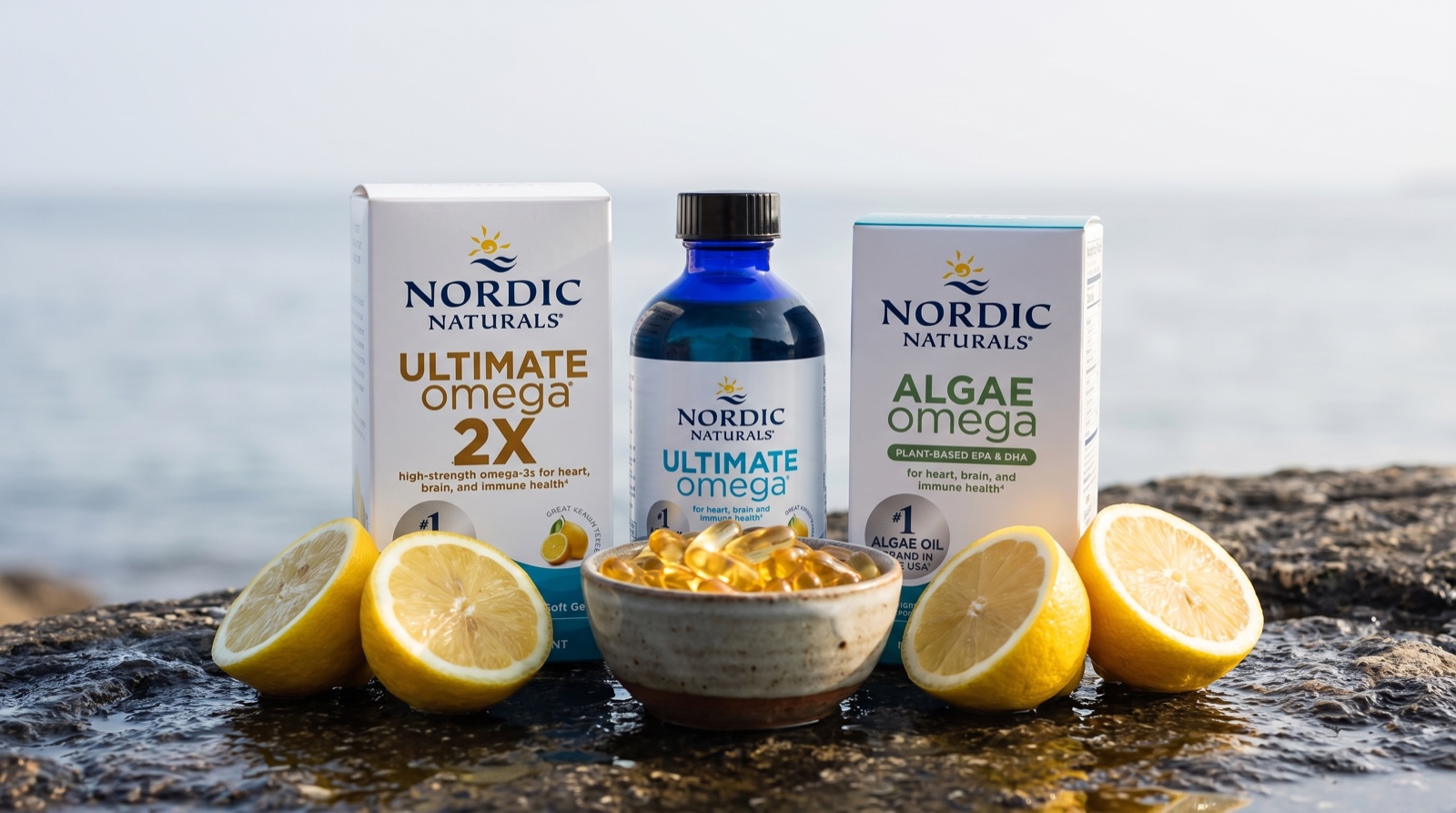Омега-3 Nordic Naturals: Ultimate Omega 2X, жидкая Ultimate Omega и Algae Omega на прибрежных камнях с лимонами