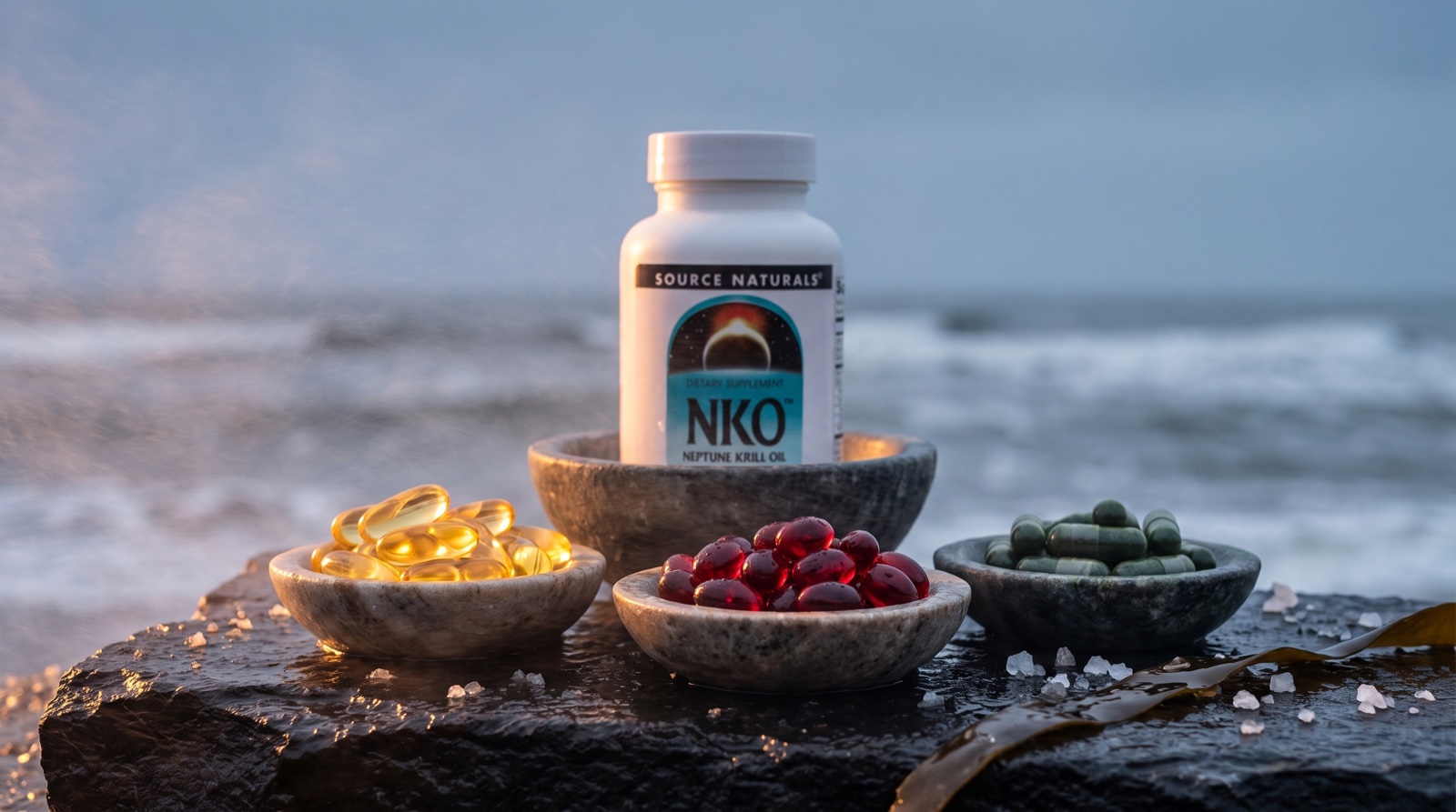 Масло криля Source Naturals и три каменные мисочки: рыбий жир, криль и водоросли
