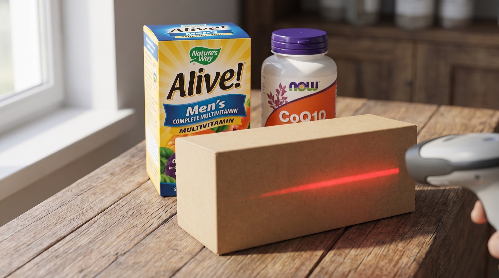 Мультивитамины Alive! Nature’s Way и коэнзим Q10 NOW Foods рядом с посылкой и сканером штрихкодов