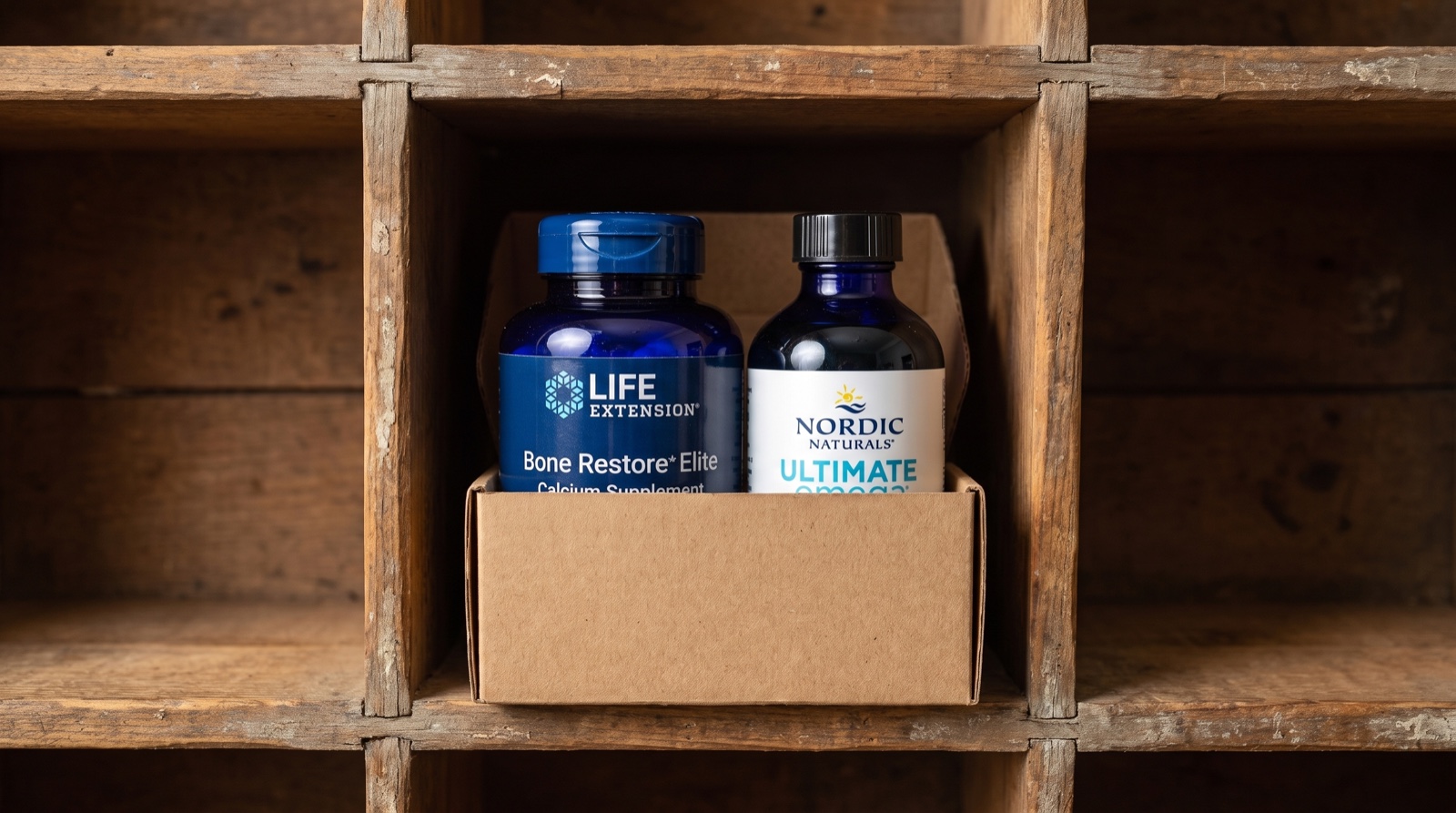 Bone Restore Life Extension и Ultimate Omega Nordic Naturals в коробке в деревянной ячейке