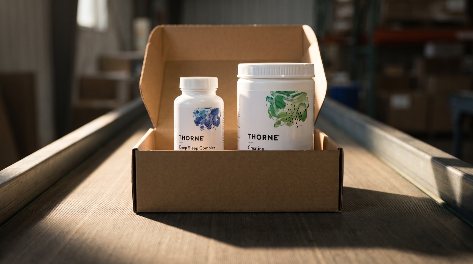 Thorne Deep Sleep Complex и креатин Thorne в коробке на ленте сортировки
