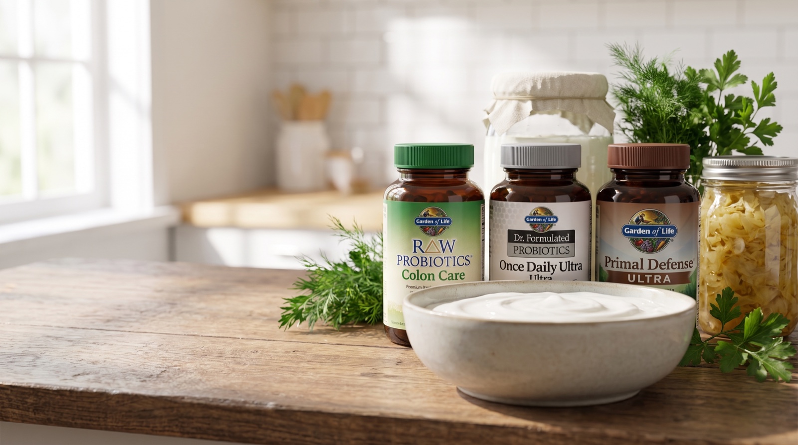 Пробиотики Garden of Life: RAW Probiotics Colon Care, Dr. Formulated Once Daily Ultra и Primal Defense Ultra на кухонном столе