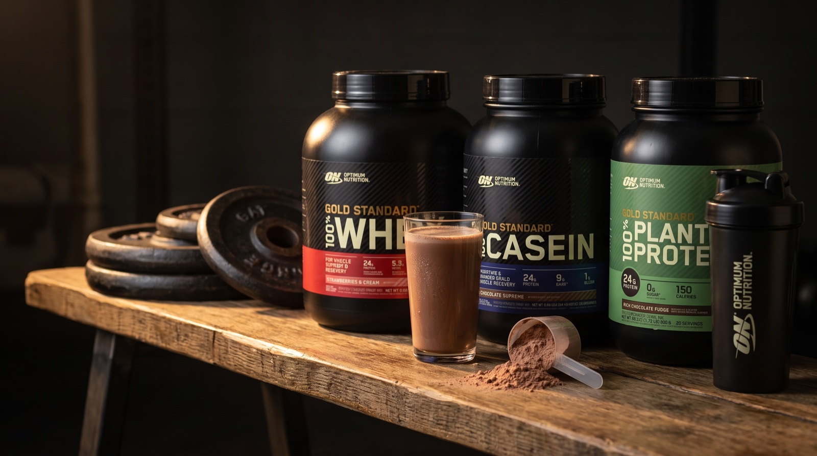 Протеины Optimum Nutrition Gold Standard — сывороточный, казеин и растительный — в спортзале с шейкером
