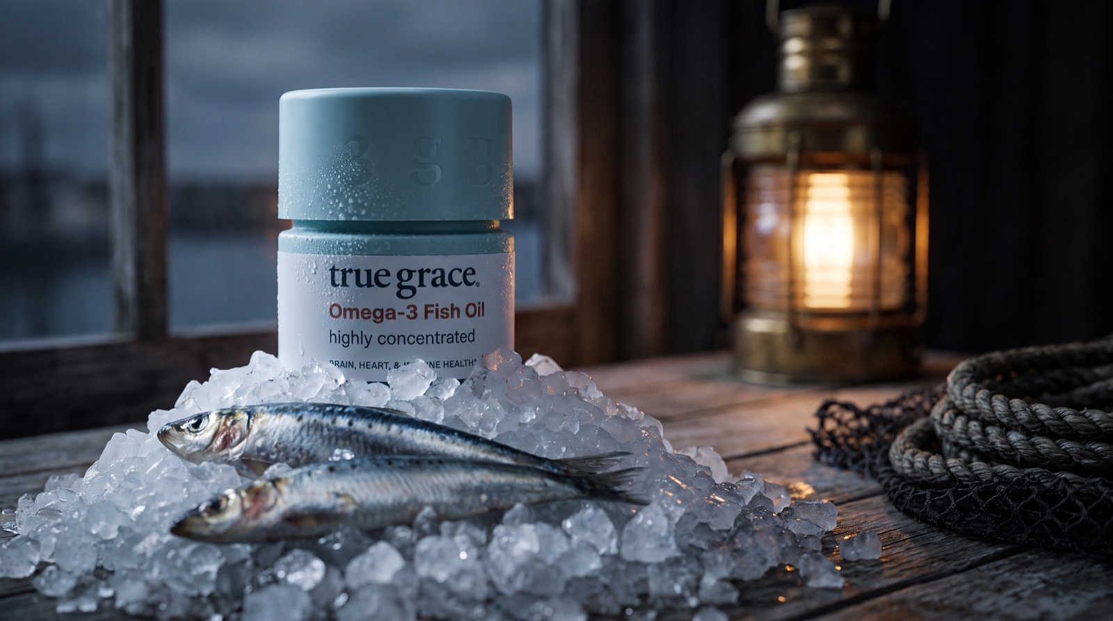 Рыбий жир True Grace на колотом льду с сардинами у окна рыбацкой хижины
