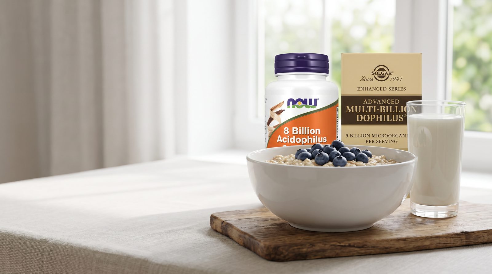 8 Billion Acidophilus & Bifidus NOW Foods и Advanced Multi-Billion Dophilus Solgar на столе с овсянкой и кефиром