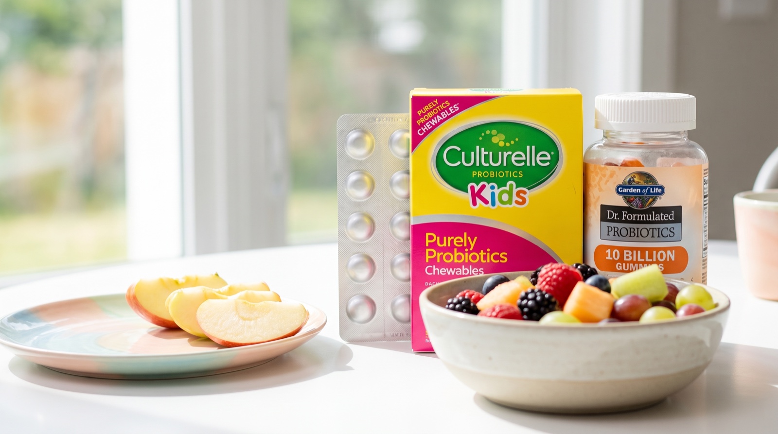 Детские пробиотики Culturelle Kids и Garden of Life на столе с фруктами