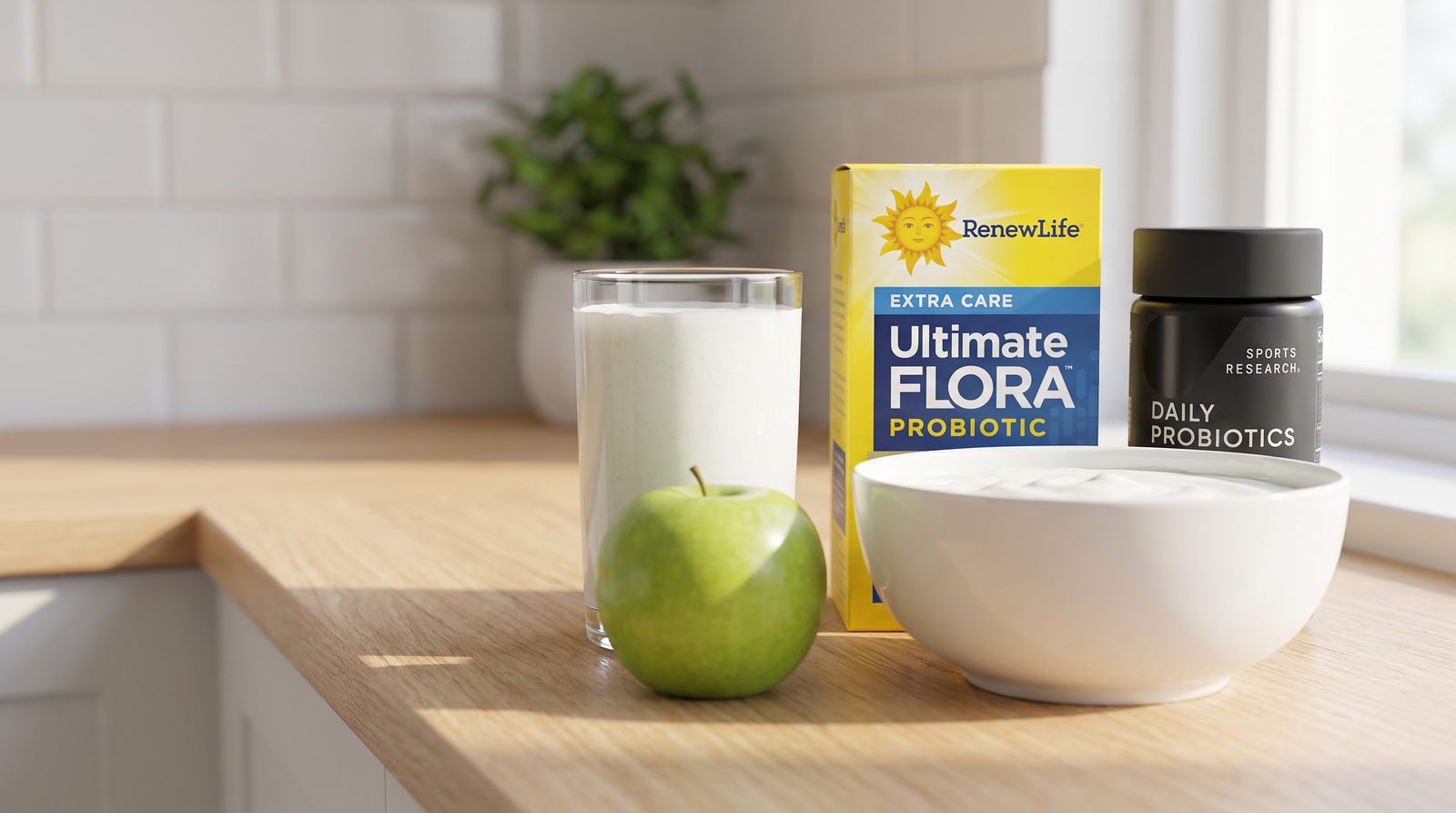 Ultimate Flora Probiotic Renew Life и Daily Probiotics Sports Research на кухонном столе с йогуртом, кефиром и яблоком