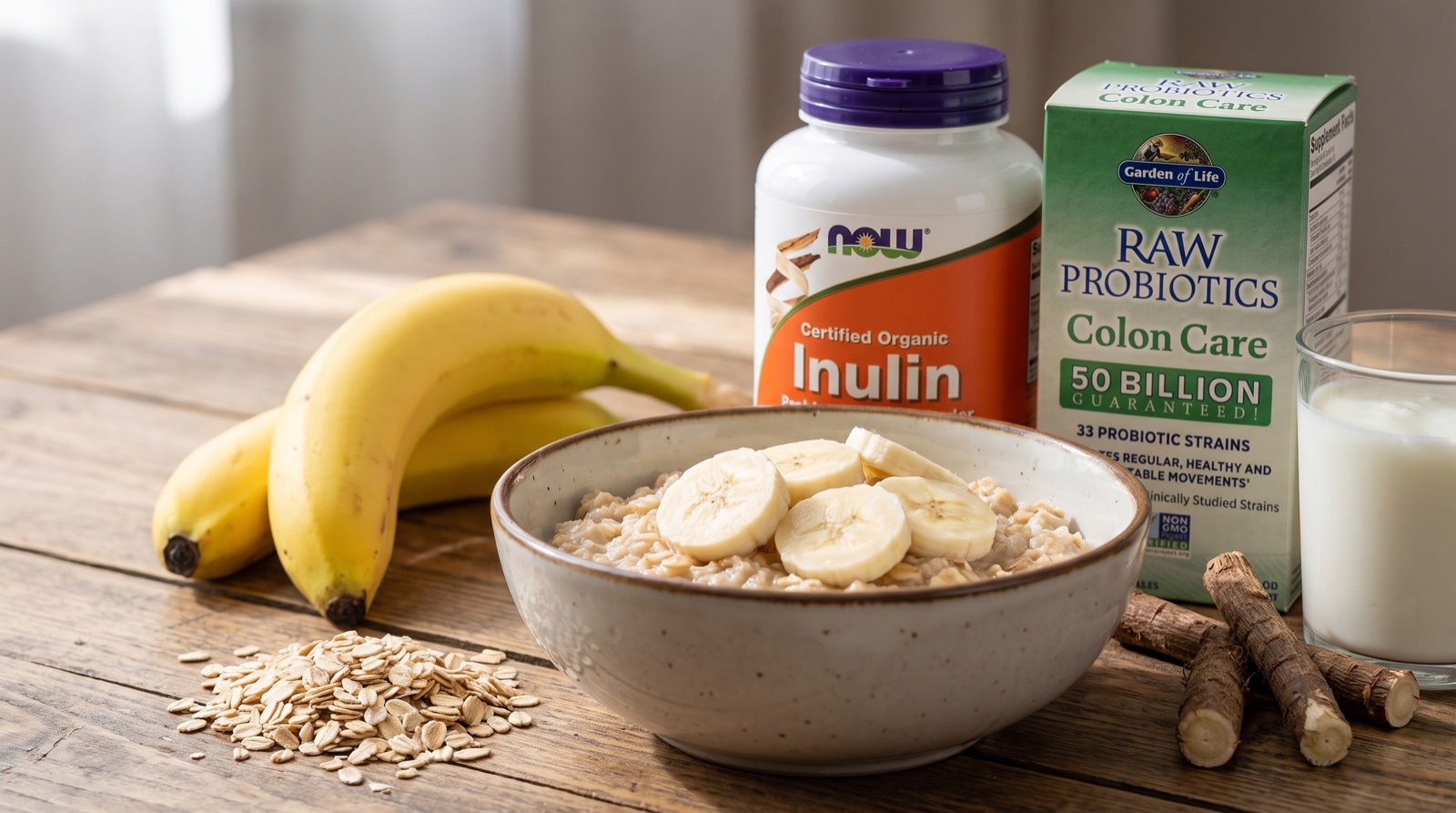 Инулин NOW Foods и RAW Probiotics Colon Care Garden of Life рядом с овсянкой, бананами и корнем цикория