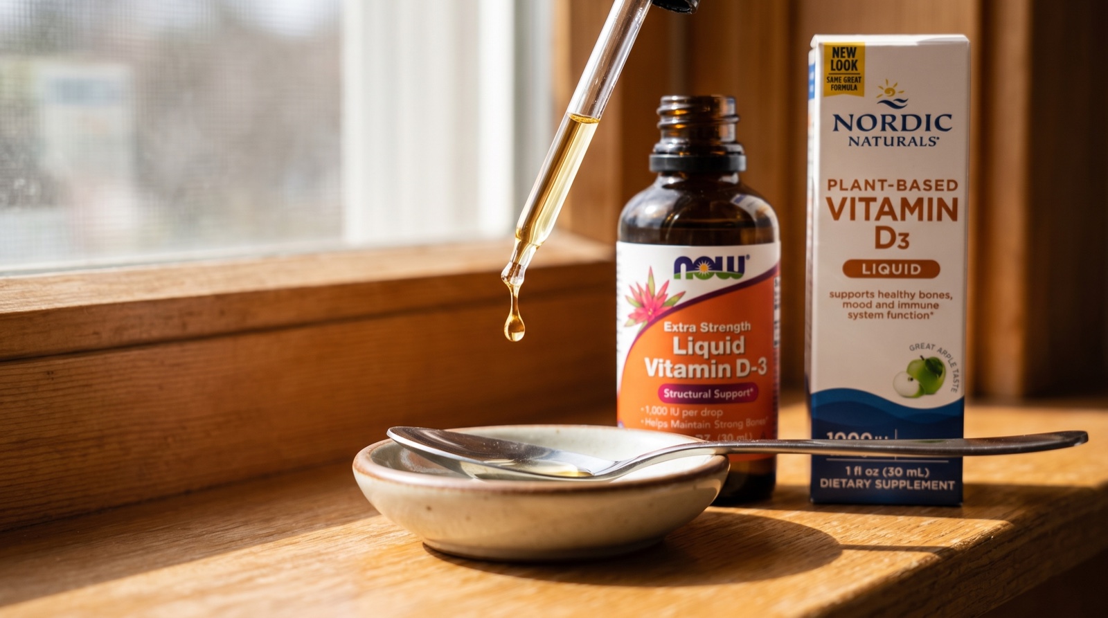 Жидкий витамин D3 NOW Foods и Nordic Naturals, капля из пипетки над ложкой