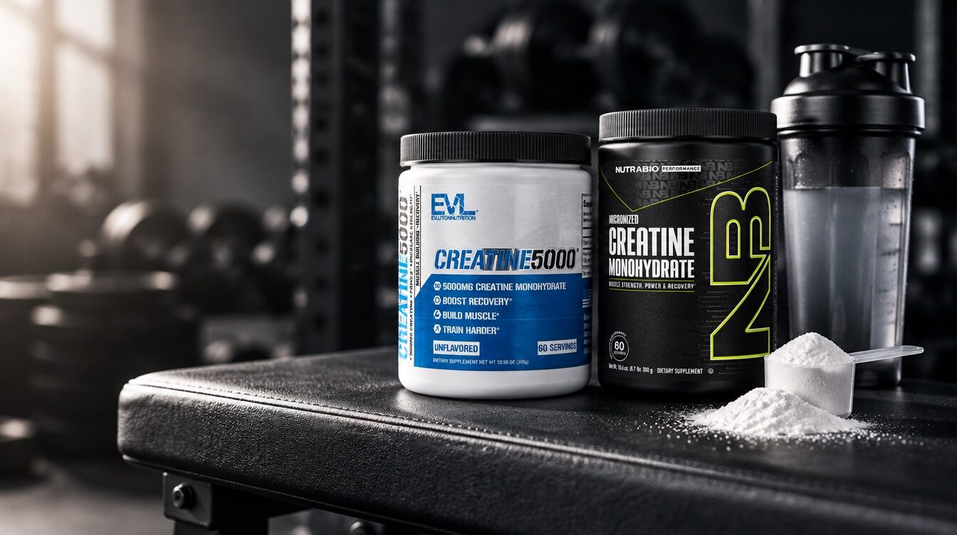 Моногидрат креатина EVLution Nutrition и NutraBio на скамье в зале