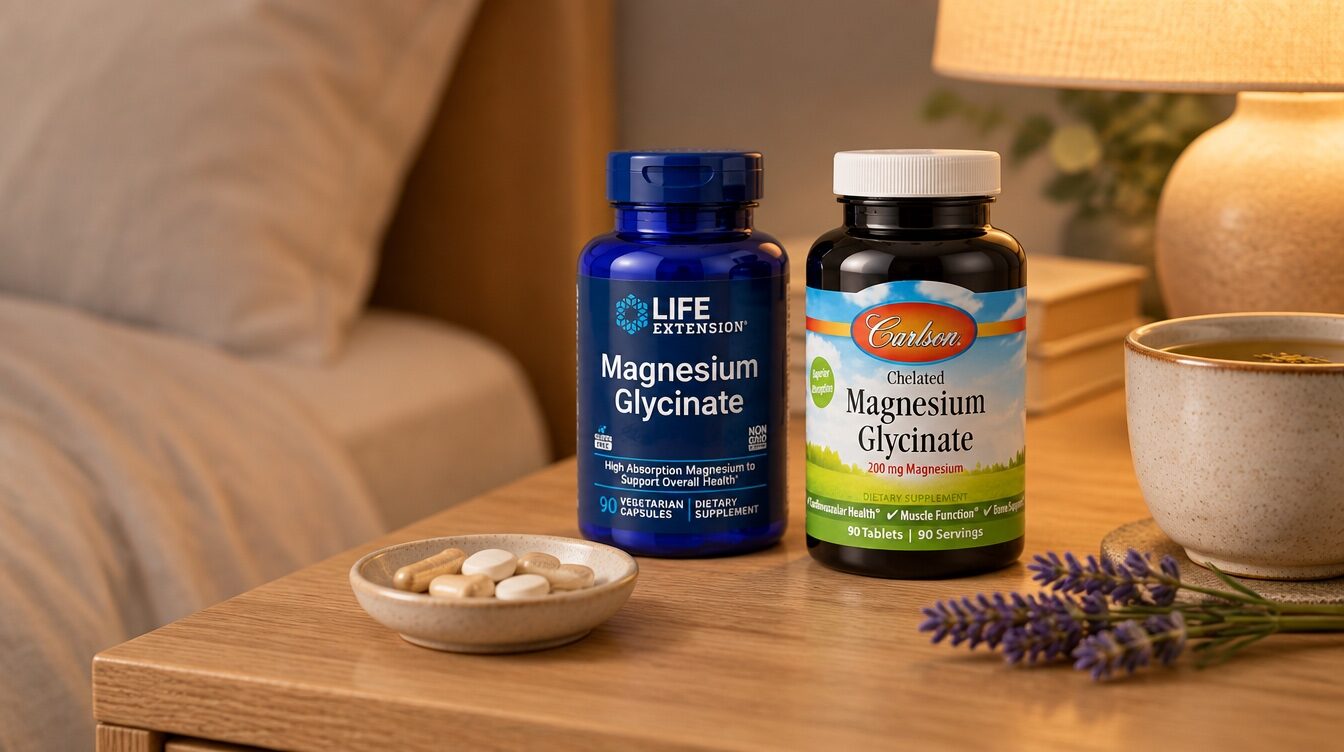 Глицинат магния Life Extension и Carlson на прикроватной тумбе